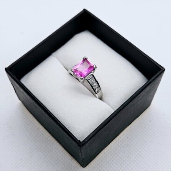 Hot Pink Cubic Zirconia Silver Tone Fashion Ring - Picture 2 of 8